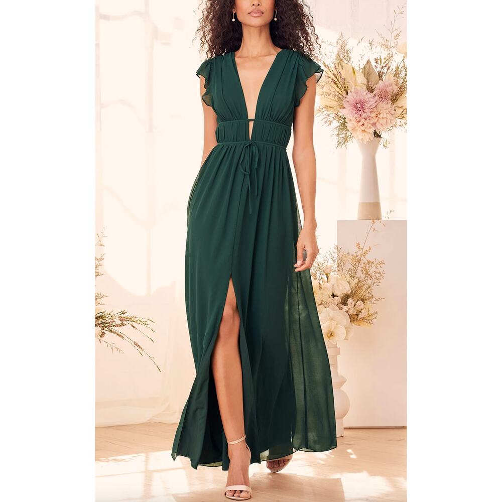 Lulu's Forest Green Maxi Dress with Deep V and Front Slit